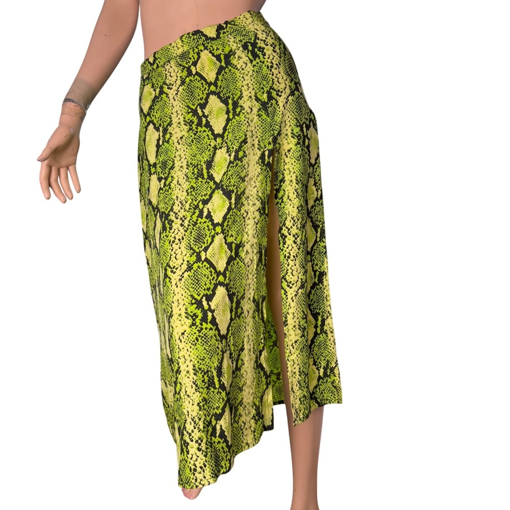 Motel Snakeskin Neon Green  Midi Skirt Slit Indie Sleaze Grunge Festival Y2K S